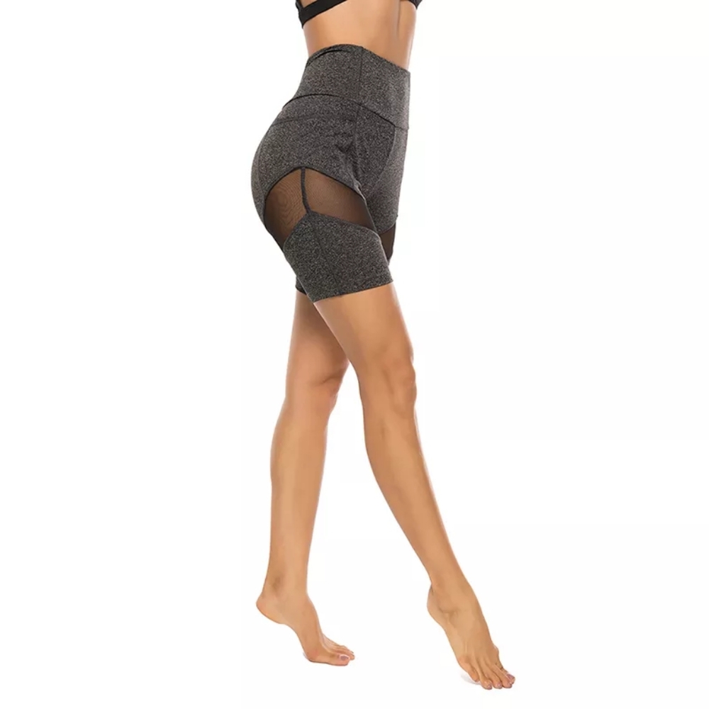High Waist Yoga Bike Shorts Mesh Panel And Pockets